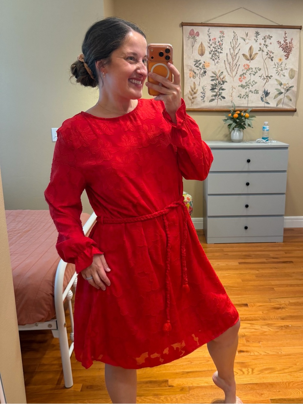 NWT Roolee Red Long-Sleeve Textured Waist-Tie Dress XL